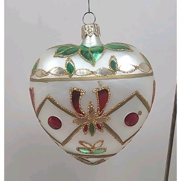 Vintage Christmas Ornament Glass Heart White W/ Gold/Red/Green - Picture 3 of 6